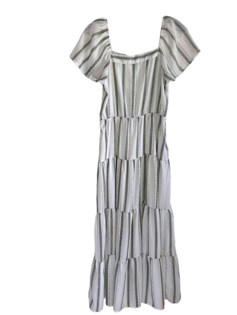 Monteau Los Angeles Striped White & Kaki Maxi Dress with Puff Sleeves - Small